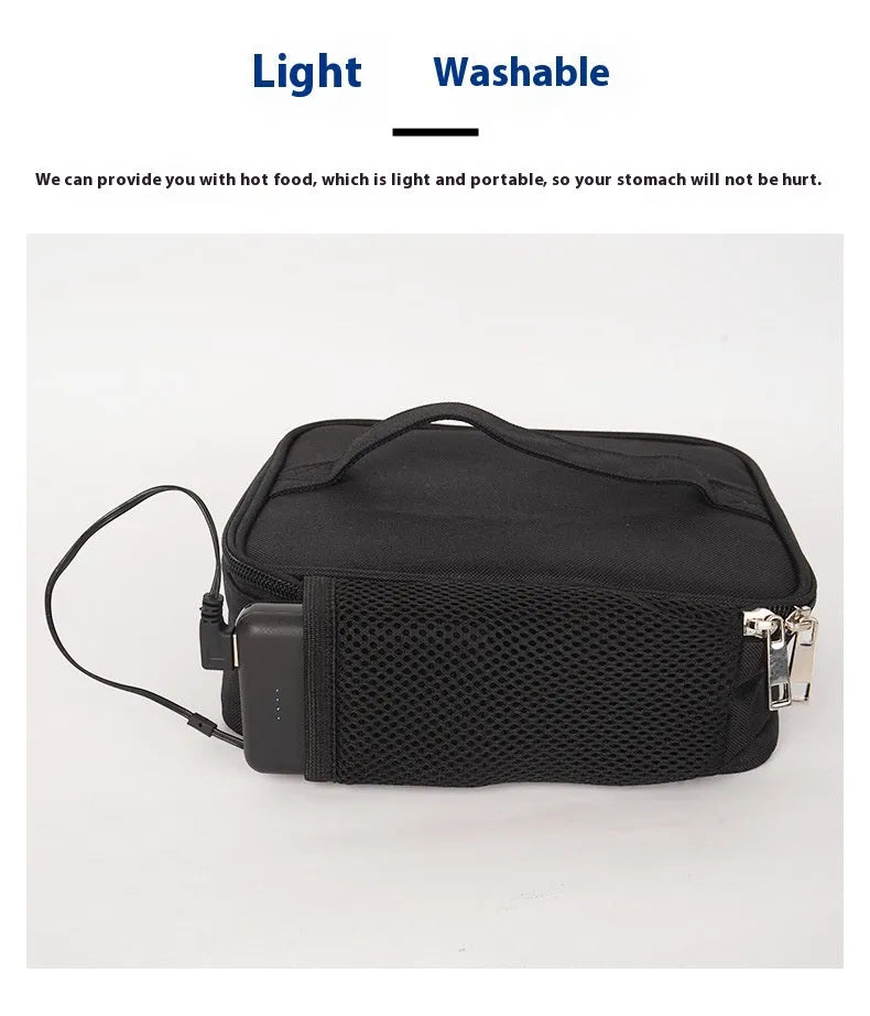 USB heating lunch bag in black Oxford cloth with power cord and thermal interior