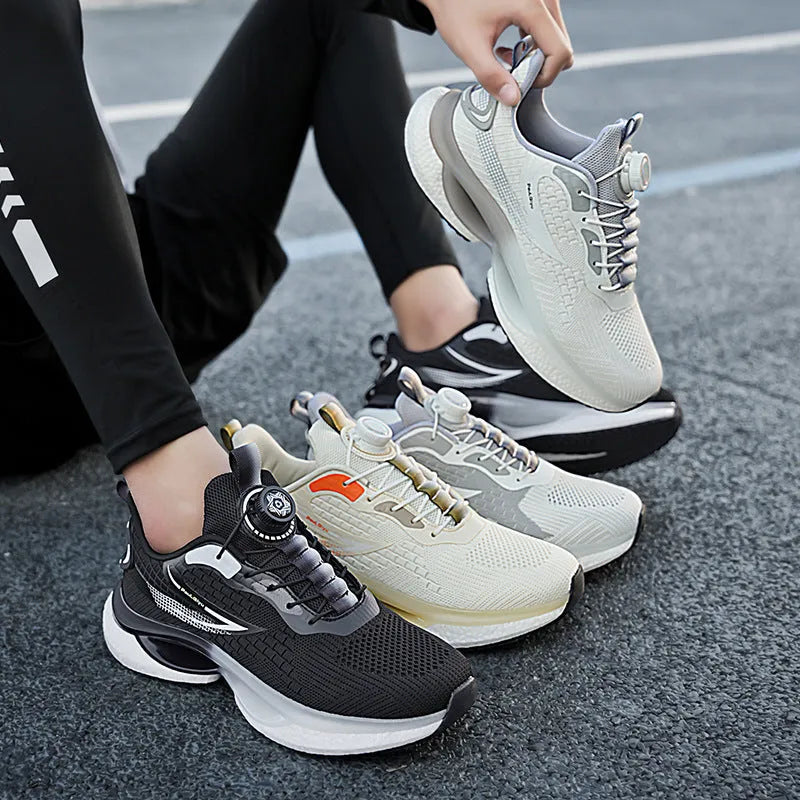 Men's white Korean-style running shoes with rotating button fastening and mesh upper