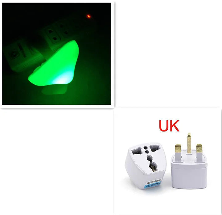 Mushroom-shaped LED night light with light sensor, warm yellow glow, plugging into a wall socket