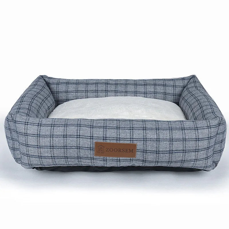 Grey plaid square cloth dog bed, medium size 60cm by 50cm.