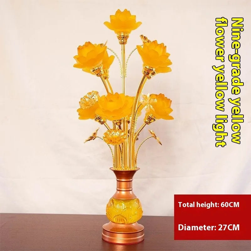 Colored glaze lotus lantern with alloy base, pink floral petals, and LED light for temple worship
