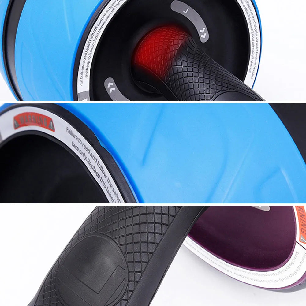 Blue abdominal wheel with carbon steel spring and rubber wheel on a floor