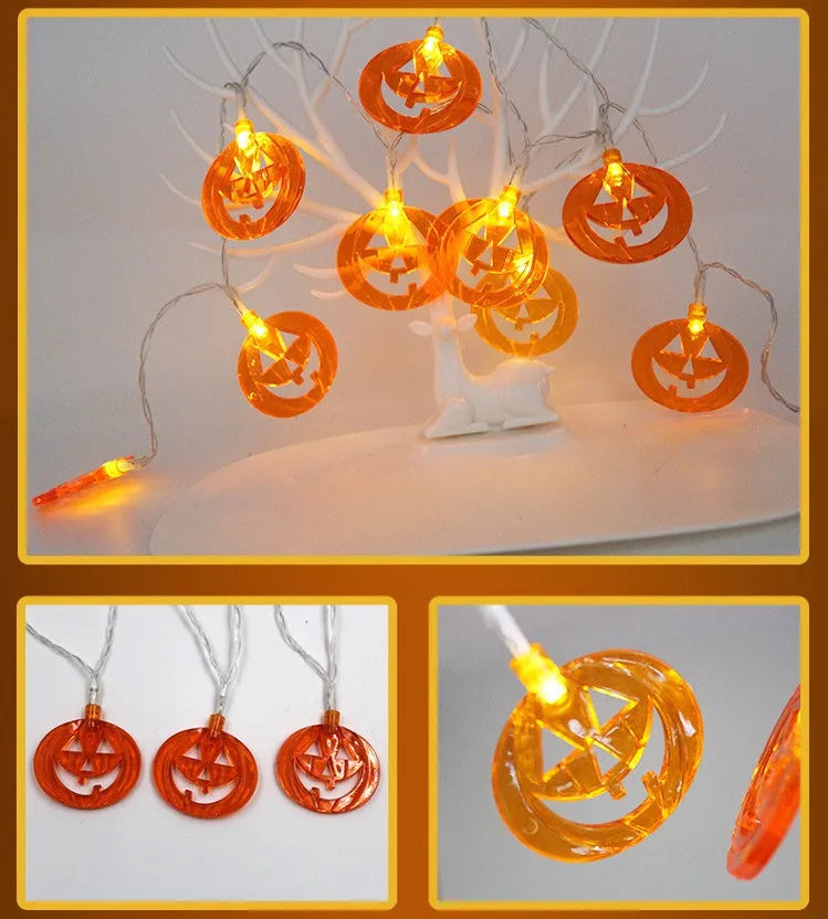 Halloween LED string lights with pumpkin, ghost and bat pendants on 1.2 metre white cord