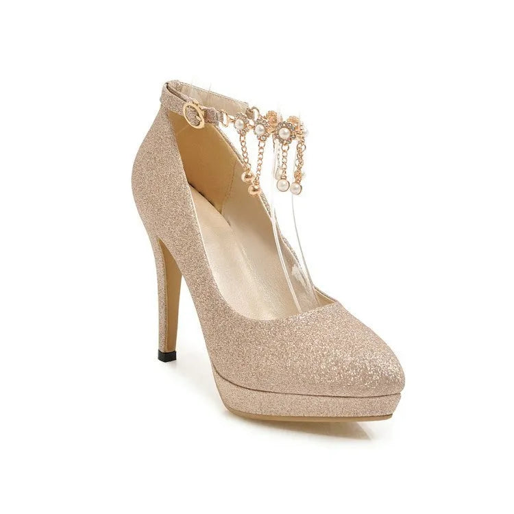 Blue women's platform high heels with a stiletto heel and special fabric upper.