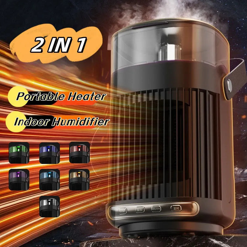 Black portable PTC heater with humidifier showing front control buttons and compact design