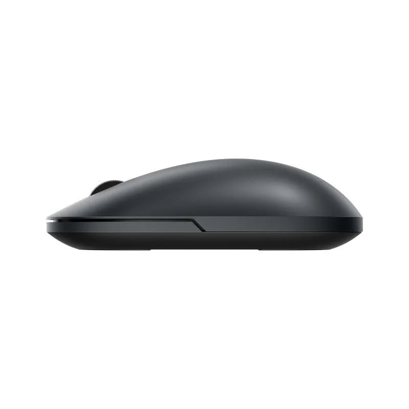 Ultra-thin grey wireless mouse with touch wheel and two buttons on plain background