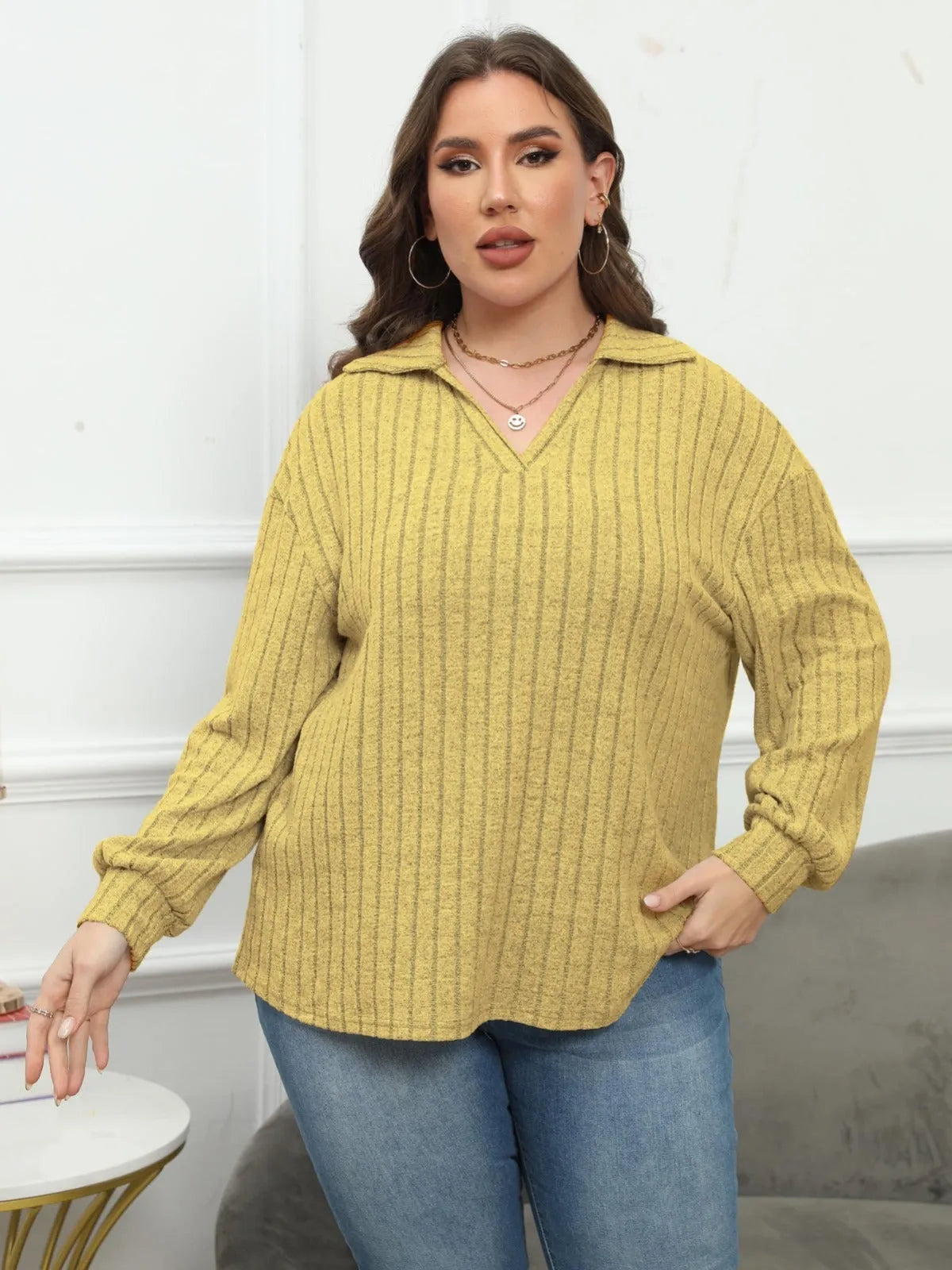 Women's plus size gray polo collar fleece pullover with lantern sleeves in Gothic street style.