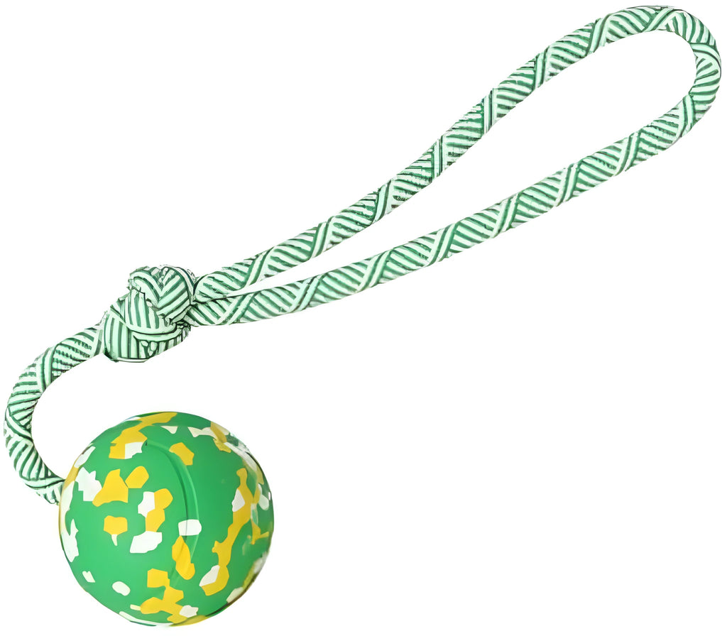 Natural rubber dog ball attached to a nylon rope toy for medium and small breeds