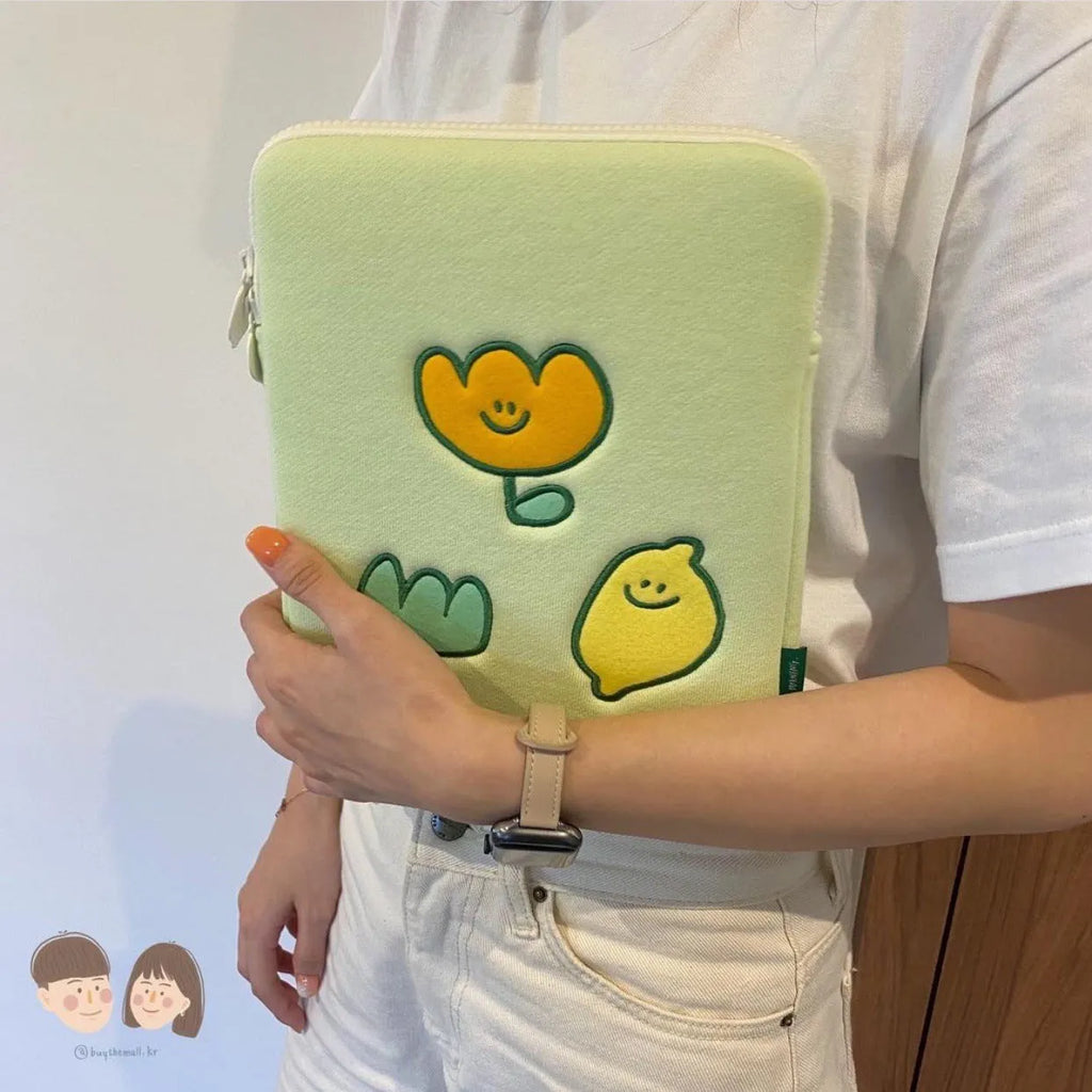 Niche design lemon embroidery flower cotton laptop bag in clutch style with zipper and soft handle
