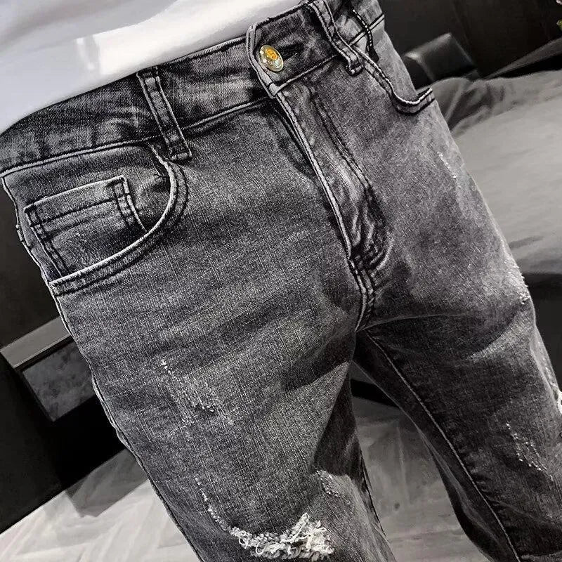 New Youth men's high-waist cotton denim trousers with high elasticity and button front, available in multiple sizes