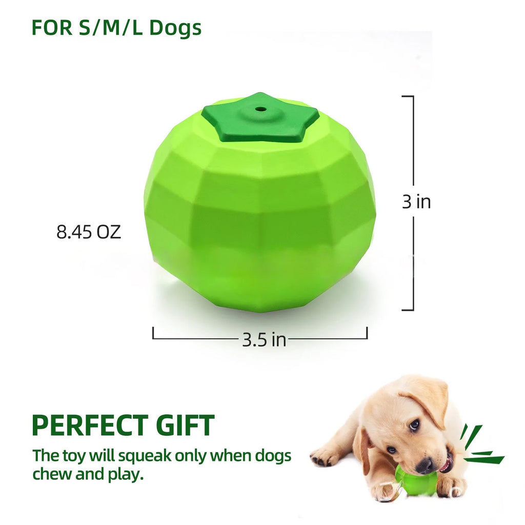 Green natural rubber dog squeaky toy ball for medium to large breed dogs