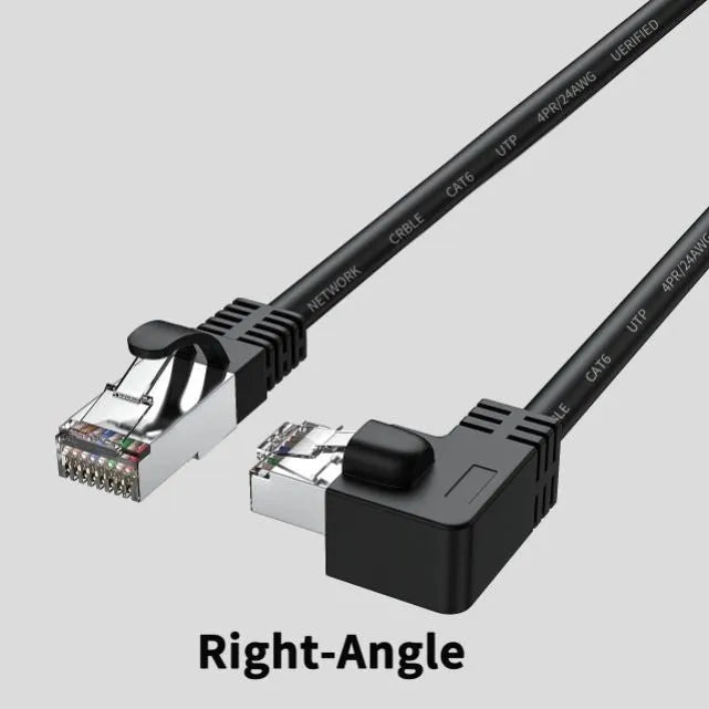 Cat6 Ethernet cable with right-angle RJ45 connector in various colours and lengths