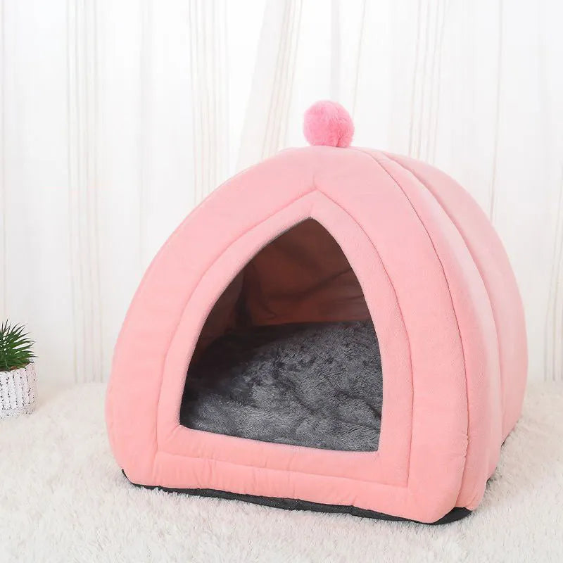 Soft plush cat bed in grey, tent style with cushion, size M 33x33x36 cm, washable cover