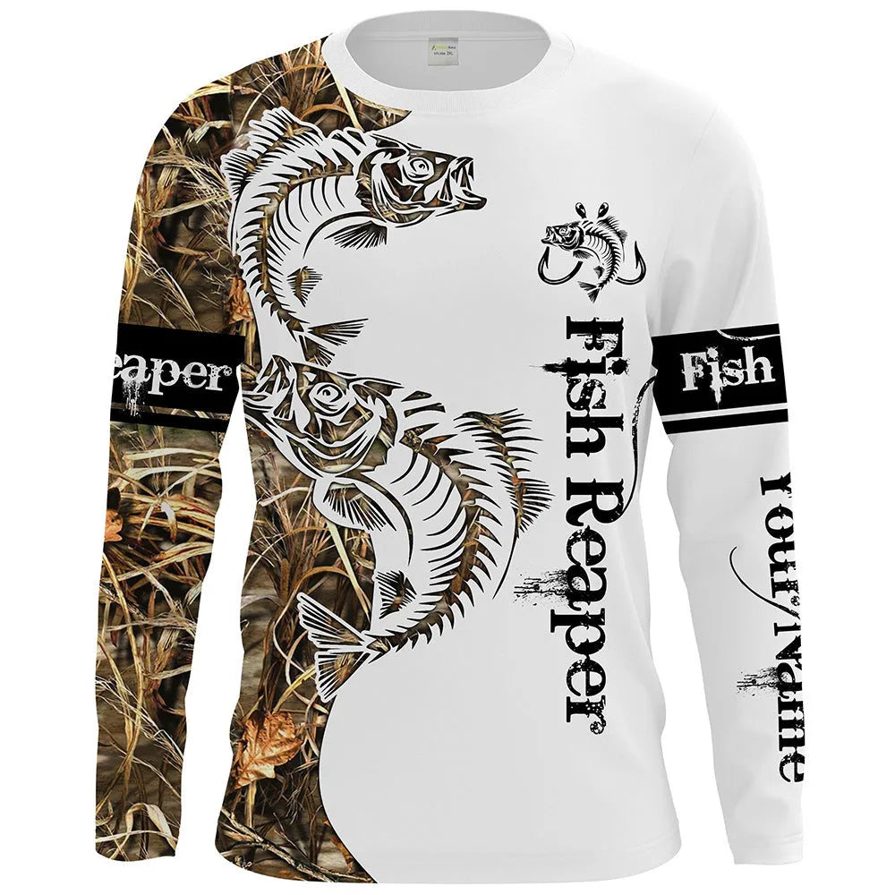 Men's fish printed long sleeve pullover top in milk silk fabric with round neck