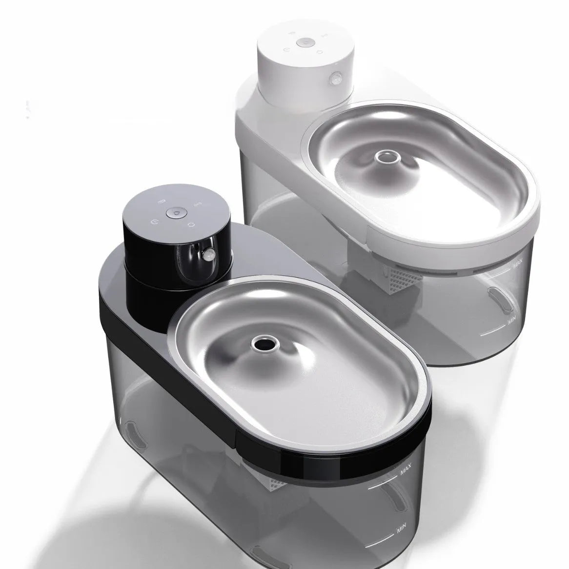 Black stainless steel pet water dispenser with built-in rechargeable battery and water tray