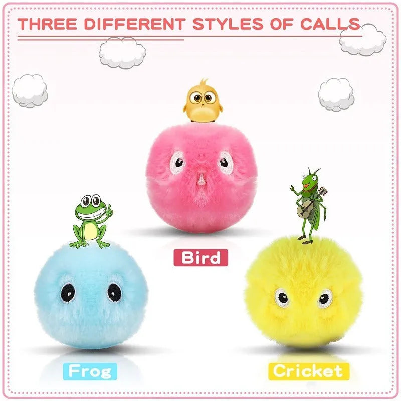 Blue, pink, and yellow interactive cat toy balls with 55mm diameter and gravity sensor trigger.