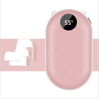 Compact rose gold USB rechargeable hand warmer and power bank with digital display, shown next to its charging cable.