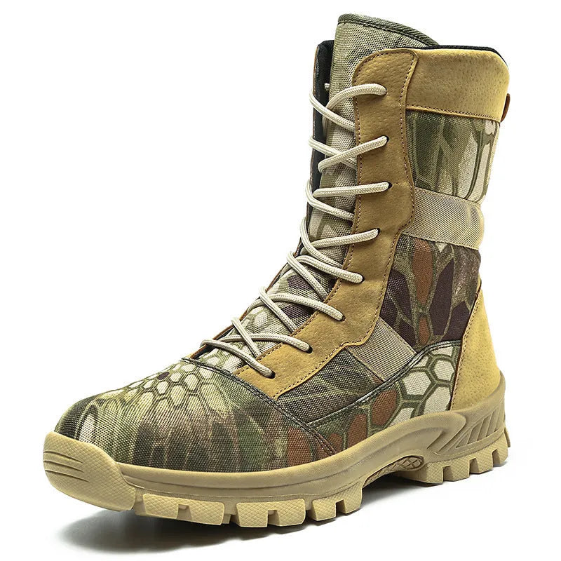 Men's black and camouflage high-top combat boots with mesh upper and totem detail.