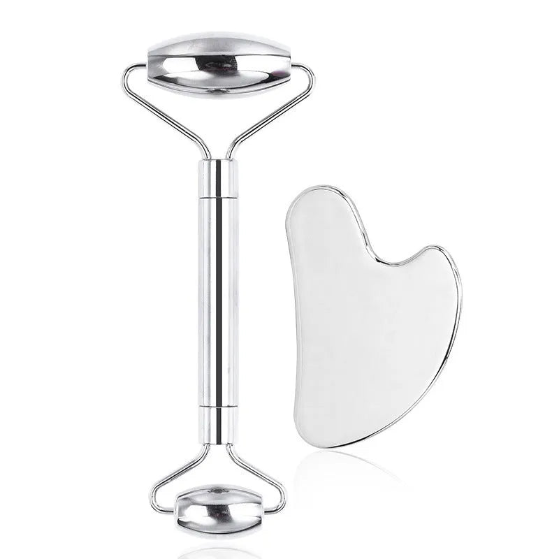 Stainless steel facial massage board set with heart-shaped design and scraping plate