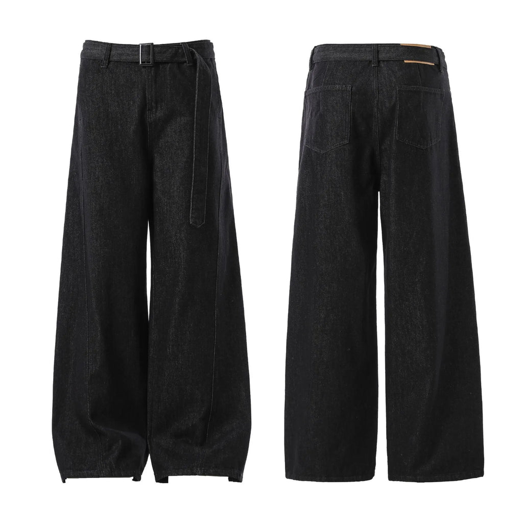 Black high waist straight leg women's jeans with gold detailing on a mannequin.