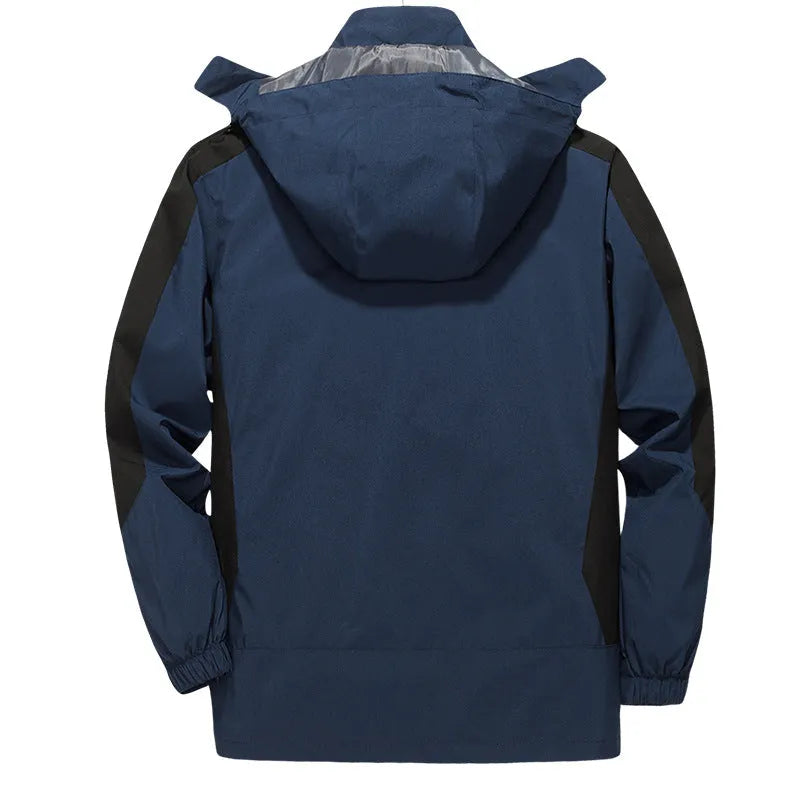 Men's solid colour polyester fibre waterproof windbreaker jacket in black shown front view, suitable for hiking and camping