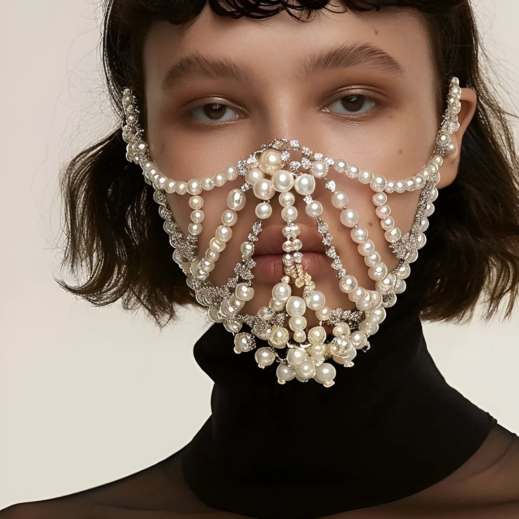 Geometric alloy festival mask with rhinestone patchwork in silver metallic finish