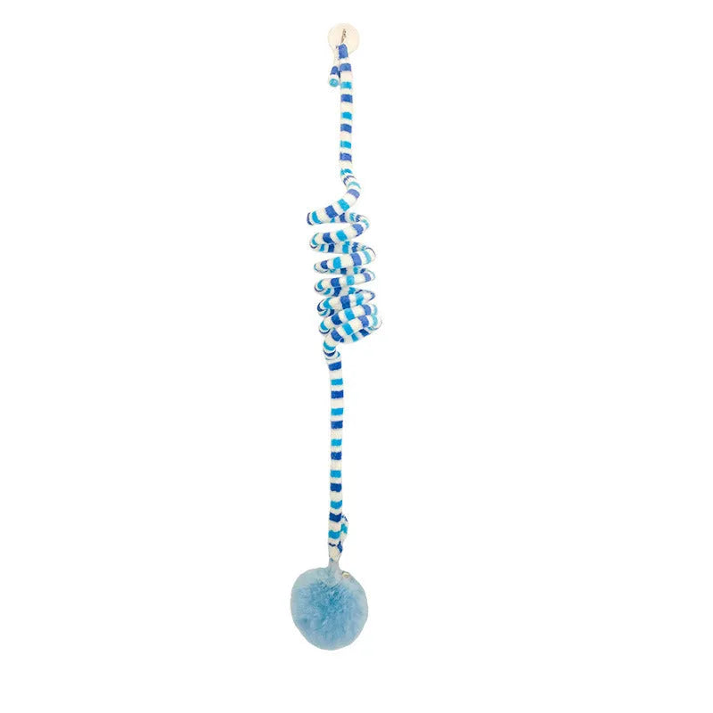 Hanging cat toy with long spring, inflatable ball, bell, and suction cup in various colours