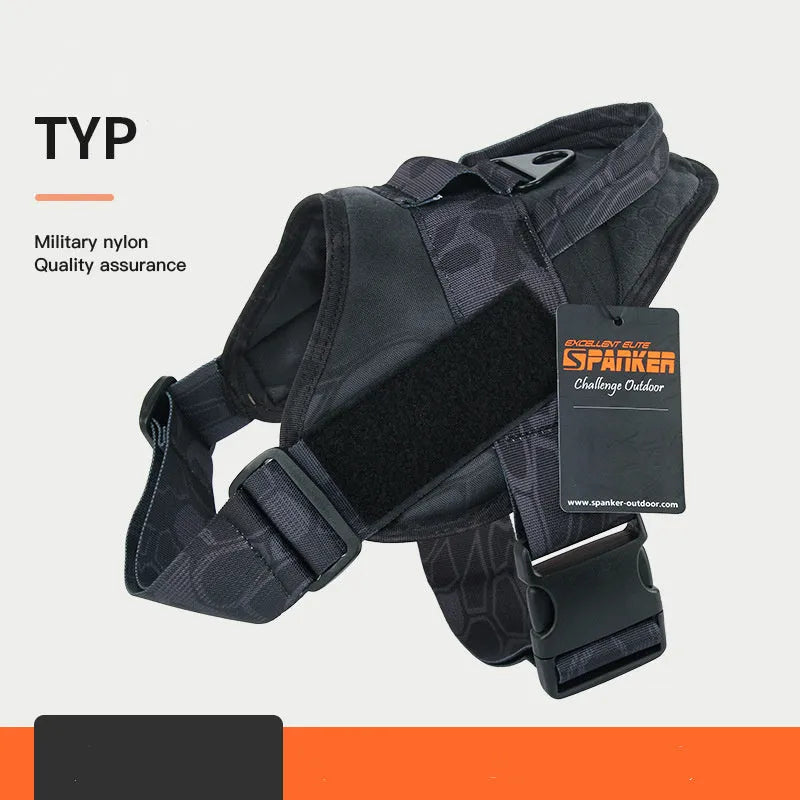 1050D nylon large medium dog harness with UTX buckle and military webbing on grey background
