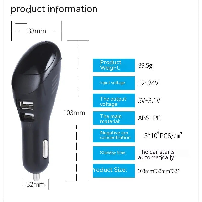 White car USB charger with negative ion air purifier measuring 103mm with dual charging ports