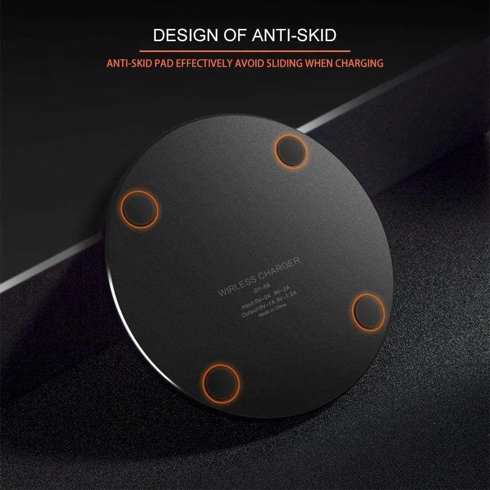 Ultra-thin black wireless charging pad measuring 98mm square with 6.5mm profile