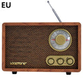 R08 wooden retro Bluetooth radio in dark brown finish with AM FM dial and tone controls