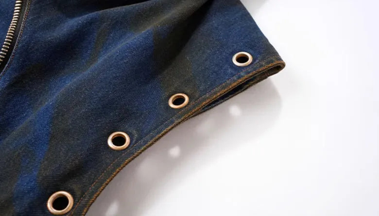 Blue hooded denim vest coat and matching trousers set with zipper front closure