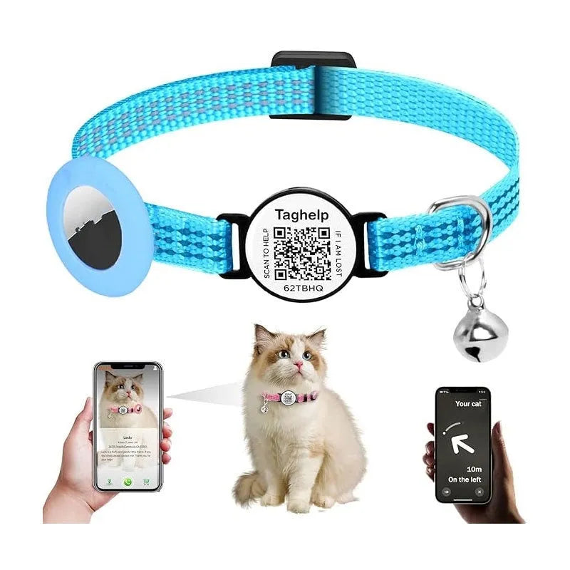 Black silicone pet collar with QR code pattern and reflective stripe for Apple Airtag holder