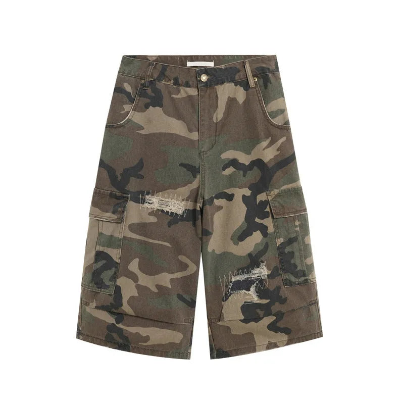 Men's loose straight leg jeans in camouflage colour with ripped patch details and a cropped ankle length