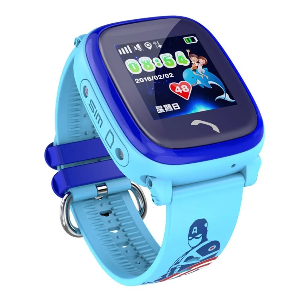 Blue children's smart watch with silicone strap showing 1.22-inch touch screen display
