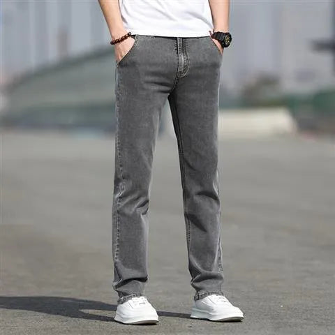 Men's smoky gray rabbit fur elastic jeans straight leg low waist design front view