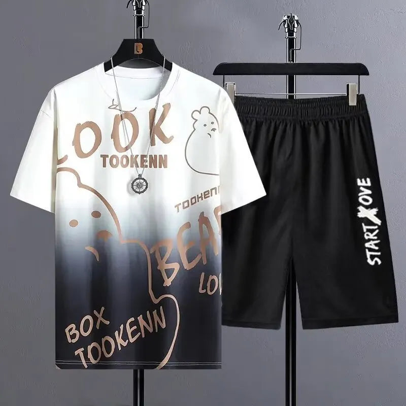 Men's polyester summer shorts suit set with short sleeve top in sports leisure style