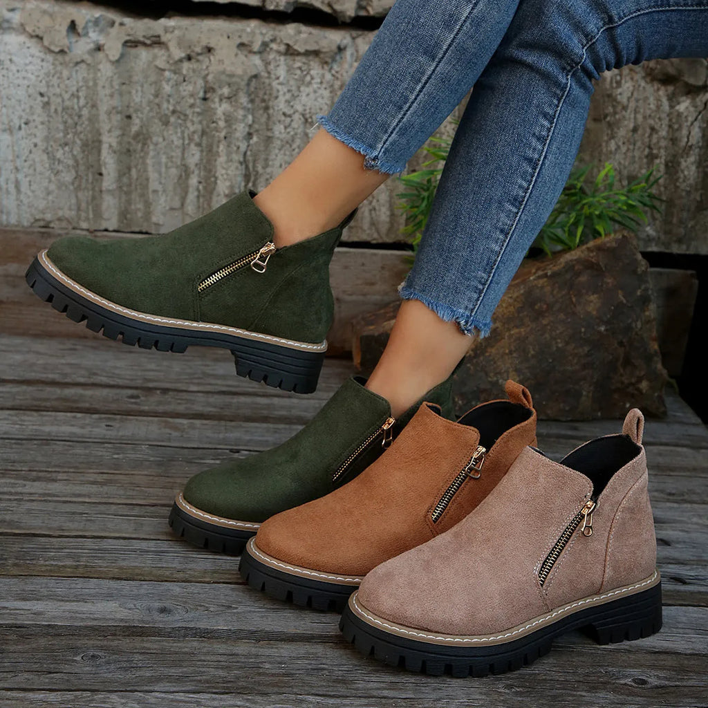 Women's side zipper chunky heel ankle boots in solid colour suede with low tube and round toe