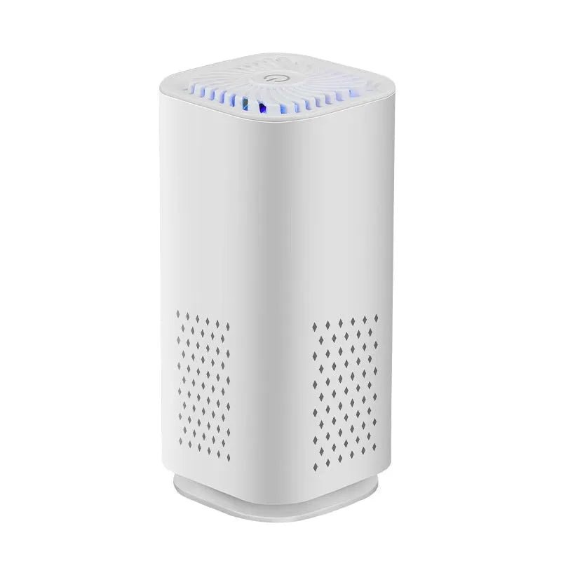 Black and white mini USB car air purifier for small spaces under 10 square metres.