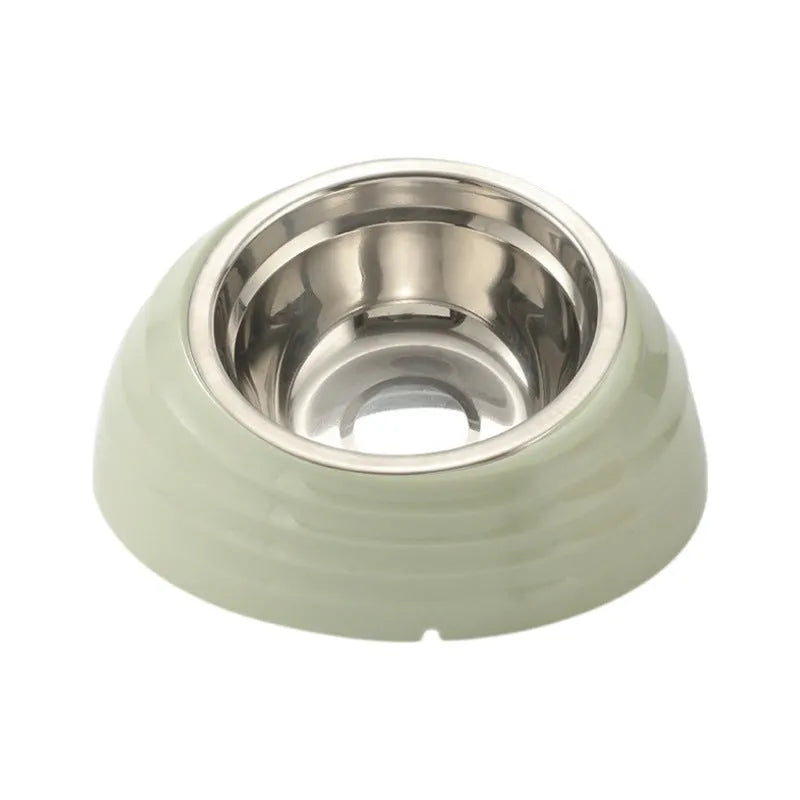 Stainless steel cat bowl in a beige plastic base