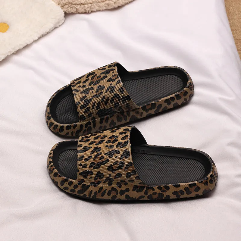 Leopard print slippers with thick EVA sole in black, pink, khaki, and white zebra patterns for women's indoor outdoor summer wear