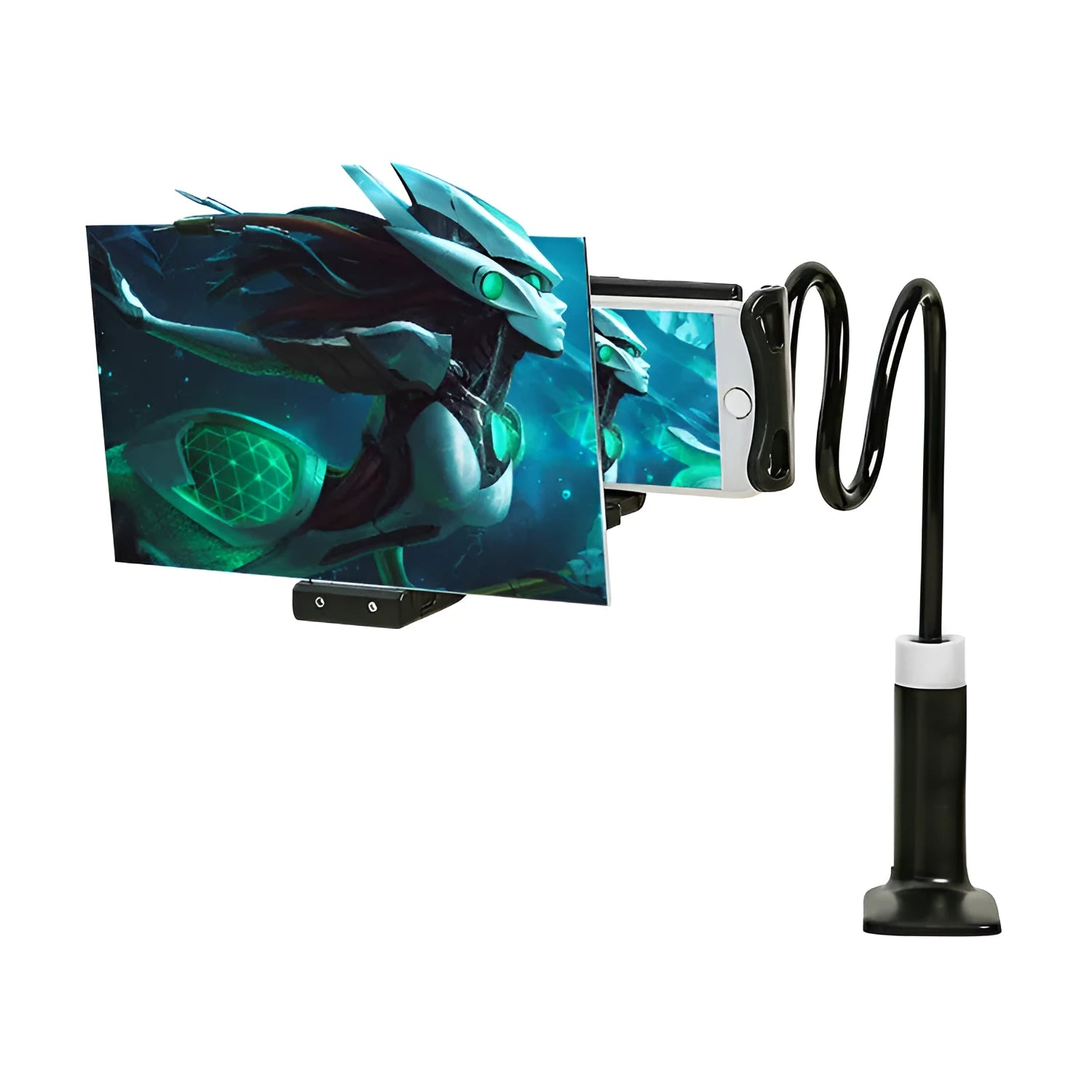 Black mobile phone screen amplifier with 12-inch acrylic lens on adjustable folding bracket