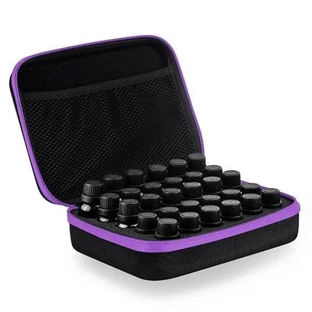 Red EVA essential oil storage bag with 30 compartments open to show bottle slots.