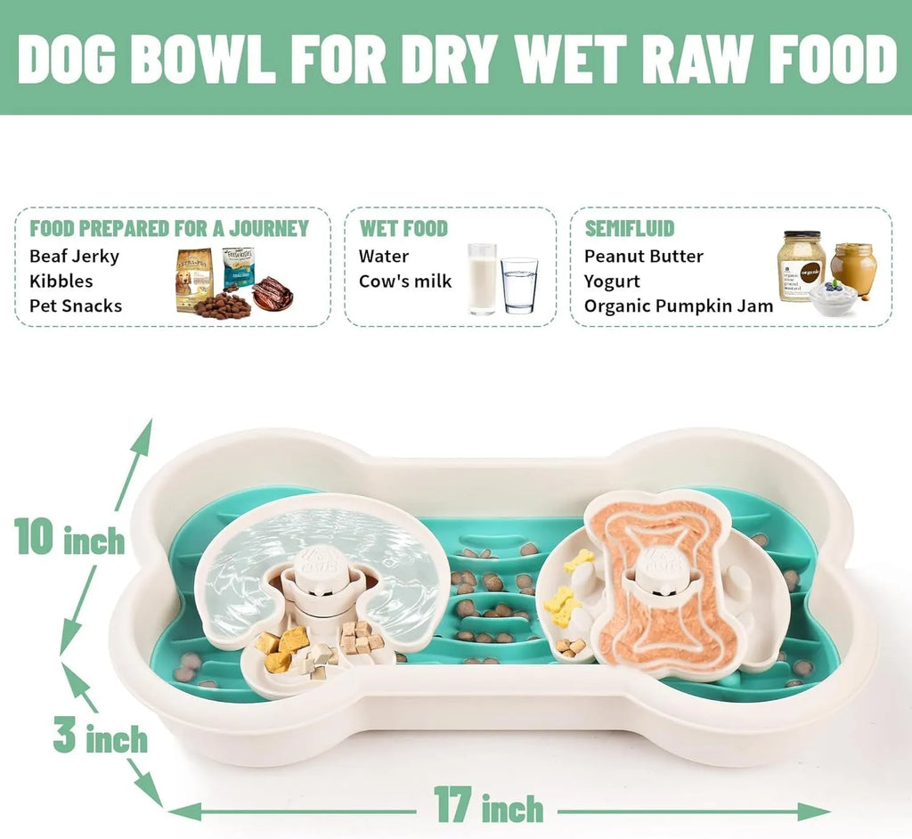 Large green slow feeder dog bowl with three separable puzzle trays for extended feeding time