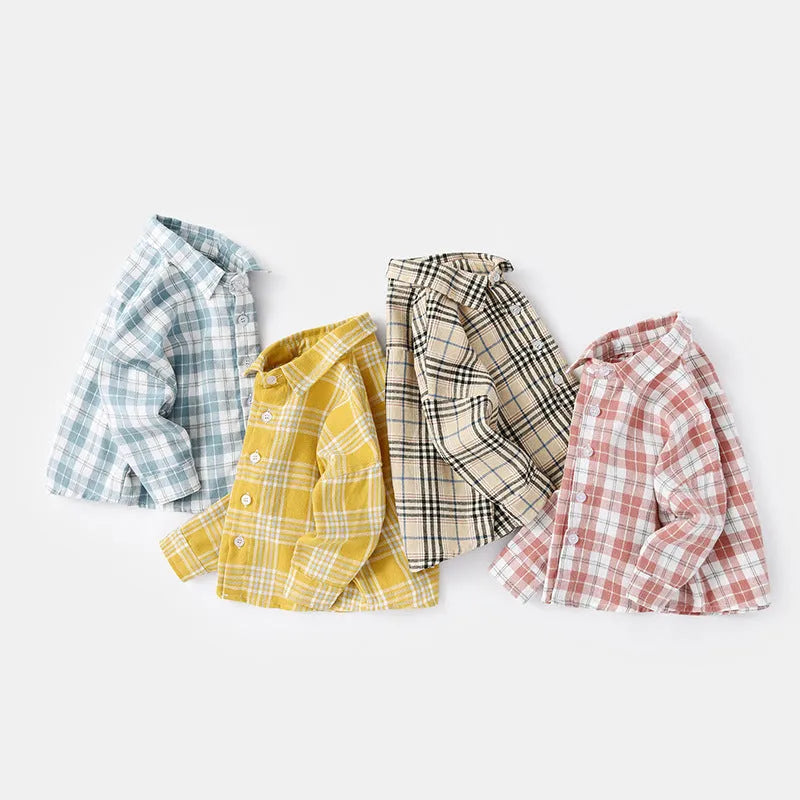 Boys cotton lattice shirt with animal pattern in khaki, blue, pink, or yellow