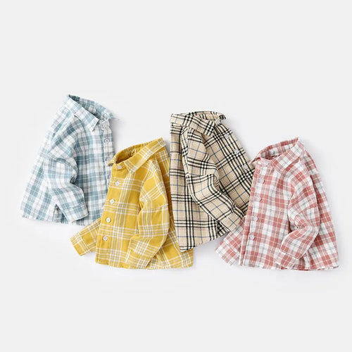 Boys cotton lattice shirt with animal pattern in khaki, blue, pink, or yellow