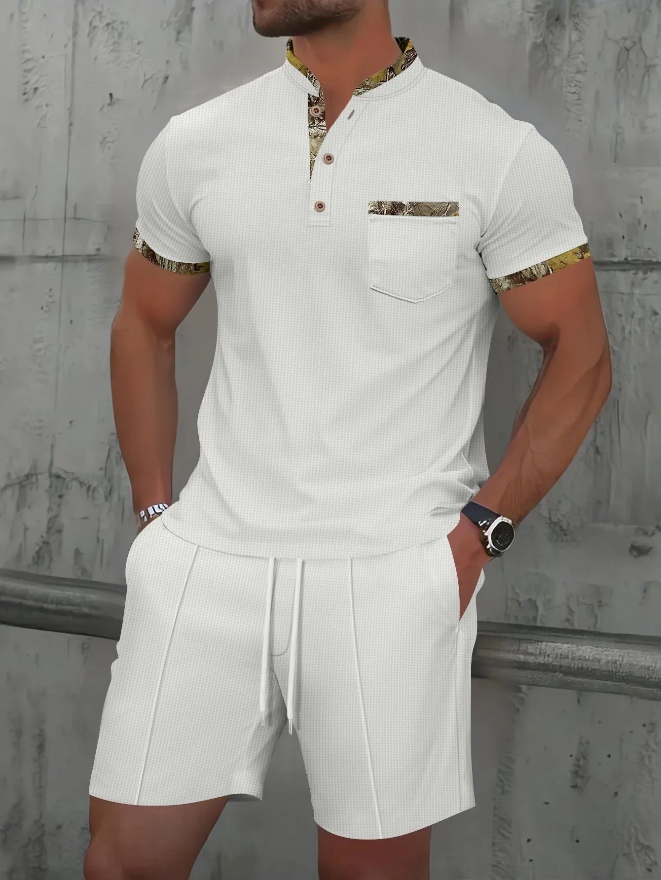 Men's grey waffle zipper polo collar short sleeve top and matching shorts laid flat