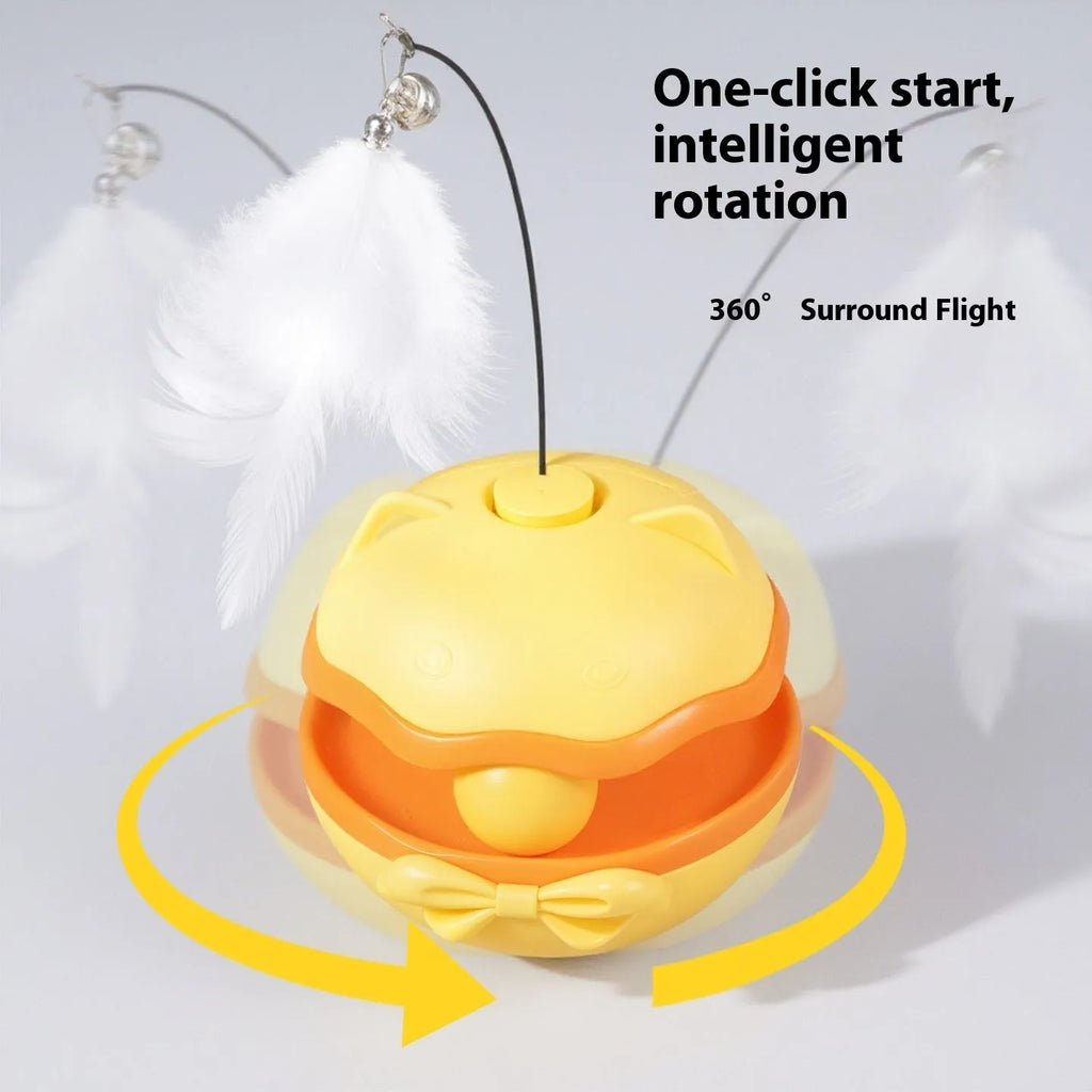 Electric automatic rotating cat teaser wand toy in lemon yellow, sky blue, or grey.