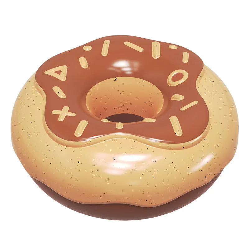 Pink, yellow, and chocolate TPR donut-shaped dog toy with squeaker.