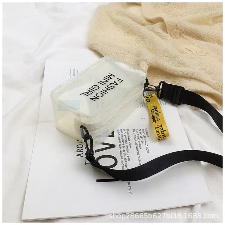 Transparent square jelly crossbody bag with adjustable strap in various colour options